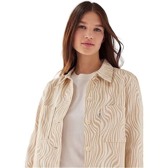 Levi’s Shrunken Denim Chore Jacket Cropped Zebra Wavy Lines Womens Size Small - Picture 2 of 13